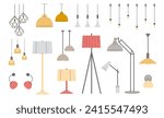 Set of lamps. Collection trendy furniture chandelier, floor and table lamp in flat style. Vector illustration on white background