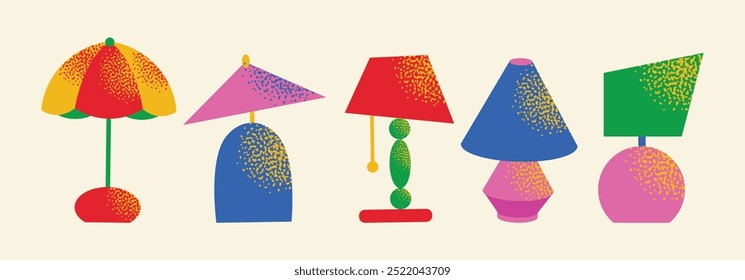 Conjunto de lámparas. Luces de Vector planas, lámpara de pie y lámpara para mesa. Diferentes muebles de luz interior de colores para la decoración del hogar moderno. Ilustración aislada en el fondo