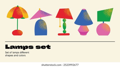 Conjunto de lámparas. Luces de Vector planas, lámpara de pie y lámpara para mesa. Diferentes muebles de luz interior de colores para la decoración del hogar moderno. Ilustración aislada en el fondo