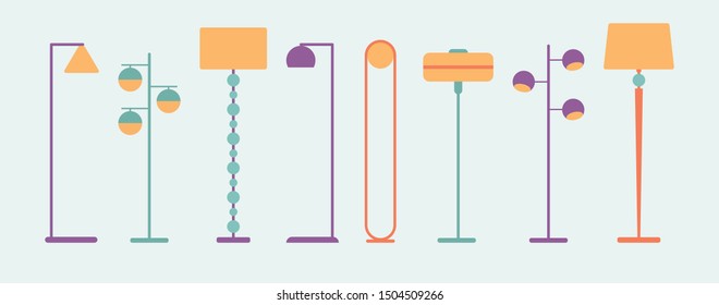 Set of lamps. Floor lamps elements of modern interior. Vector illustration in flat style.Flat icon set. Home & office lighting. Isolated objects on white background