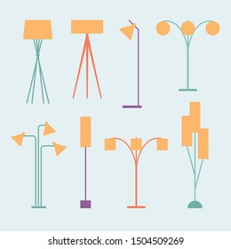 Set of lamps. Floor lamps elements of modern interior. Vector illustration in flat style.Flat icon set. Home & office lighting. Isolated objects on white background