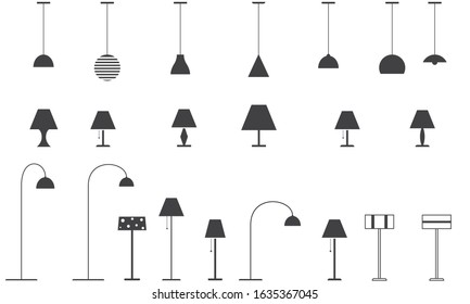 Set of lamps - floor lamp, table lamp, ceiling lamp. Vector illustration.