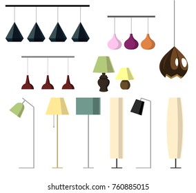 Set of lamps. Floor lamps, table lamps. Vector illustration lamp light isolated electric interior energy furniture. Floor lamps home energy furniture modern equipment. Ceiling lighting fixtures.