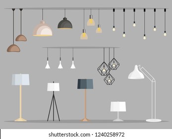 Set Of Lamps. Furniture Chandelier, Floor And Table Lamp In Flat Cartoon Style. Vector Illustration