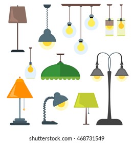 Set of lamps. Furniture and floor lamps and table lamps. Vector illustration lamp light isolated electric interior energy furniture. Floor lamps and table lamps home energy furniture modern equipment.