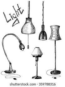 Set of lamps. Hand drawn illustration of lights. Doodle, sketch style of lights. pencil line. Interior objects 