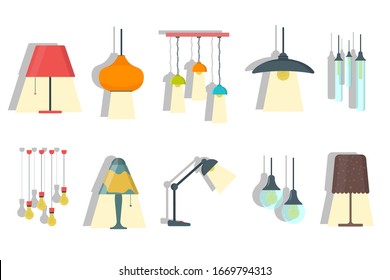 A set of lamps on a white background. Furniture chandelier, floor and table lamp in flat cartoon style. Chandeliers, illuminator, flashlight - elements of a modern interior.Vector illustration,EPS 10.