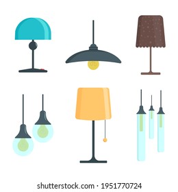 A set of lamps on a white background. Furniture chandelier, floor and table lamp in flat cartoon style. Chandeliers, illuminator, flashlight - elements of a modern interior. Vector illustration.