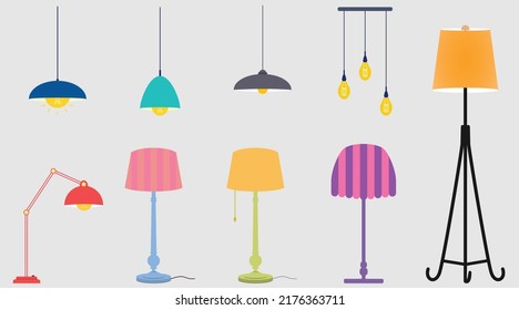 A set of lamps on a white background. Table lamp in flat cartoon style.  elements of interior. Vector illustration.