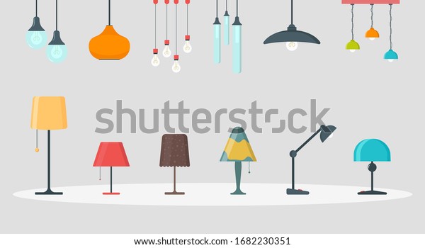 A set of lamps on a white background. Furniture\
chandelier, floor and table lamp in flat cartoon style.\
Chandeliers, illuminator, flashlight - elements of a modern\
interior.Vector illustration,EPS\
10.
