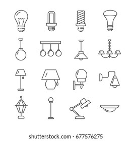 Set of lamps Related Vector Line Icons. Includes such icons as bulb, lights, lantern, light,  chandelier