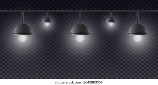 Set of lamps with warm light bulbs on transparent background.