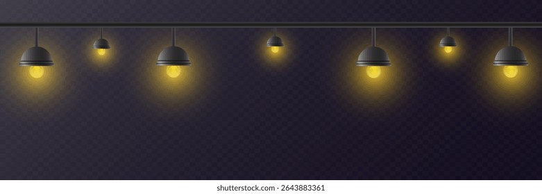 Set of lamps with warm light bulbs on transparent background.