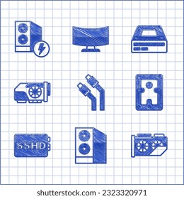 Set LAN cable network internet, Case of computer, Video graphic card, Hard disk drive HDD, SSHD, Optical disc and  icon. Vector