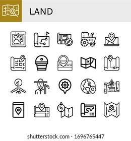 Set of land icons. Such as Map, Tractor, Fertilizer, Drought, Farmer, Globe , land icons