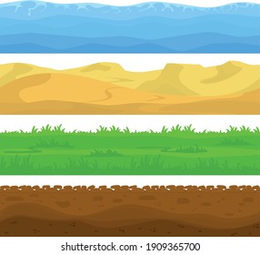 A Set Of Land Surface Types. Sand Dunes In The Desert, Green Meadow With Grass, Sea Waves, Land With Stones. Game Environment User Interface. Vector Illustration In A Flat Style.