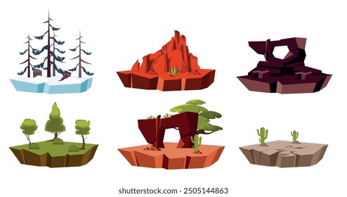 Set of land surfaces in cartoon style. Vector illustration of different surfaces: with snow, Christmas trees, rocks, plain with trees, bushes, hills, desert with cacti isolated on white background.