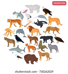 Set of land and water predators color flat icons