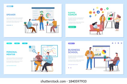 Set of landing business sites pages. Advertising of business trainings, schools, personal mentors. Boards with analytical data, people trained by experienced leaders. Infographic social network icons