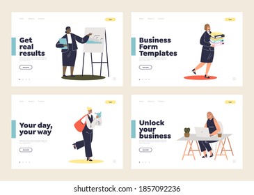 Set of landing with cartoon businesswomen starting business or planning and presenting strategy. Young female business women successful entrepreneurs or workers. Flat vector illustration