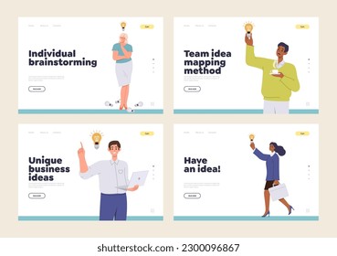 Set of landing page with creative people finding unique idea and brilliant solution for business