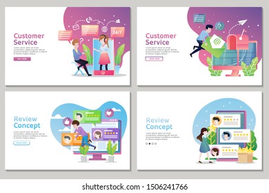 set of landing page of customer service and review concept design