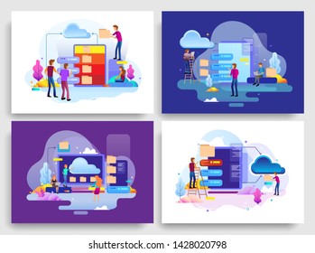 Set of Landing page design concept of data center and backup data, maintenance and data storage. Modern vector illustration concepts for website design ui/ux and mobile business presentation
