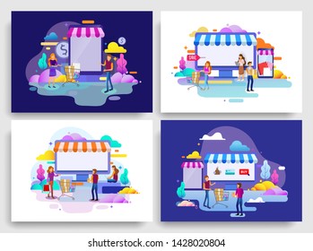 Set of Landing page design concept of online shop and ecommerce, business strategy and Shopping Online. Vector illustration concepts for website design ui/ux and mobile website development.