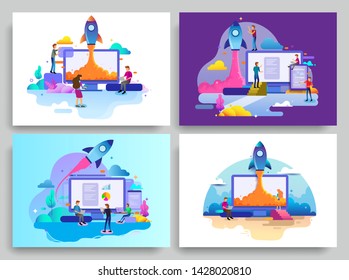 Set of Landing page design concept of Startup Business, Successful startup business concept with rocket and modern illustration. Modern vector illustration concepts for website design ui/ux