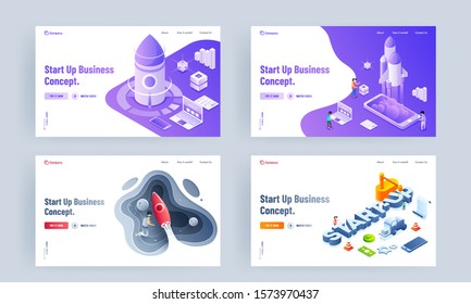 Set of landing page design with different platform and successful launching a project of rocket for Start Up Business concept.