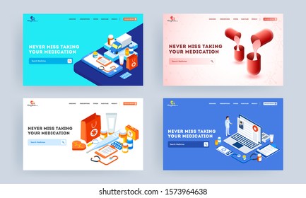 Set of landing page design with illustration of smartphone, laptop and medical elements for Never Miss Taking Your Medication.
