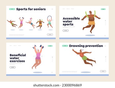 Set of landing page design template with rehabilitation swimming exercise for elderly people