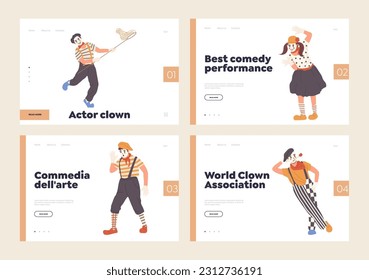 Set of landing page design template with funny mime artist cartoon characters performing street show