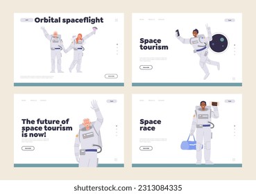 Set of landing page design template advertising space travel, adventure and galaxy racing trip