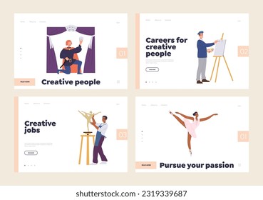 Set of landing page design template with people character of creative profession enjoying arts