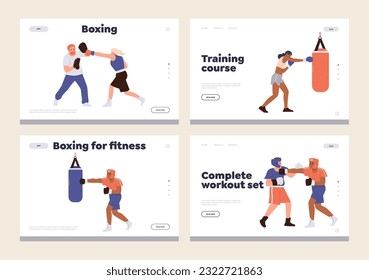 Set of landing page design template advertising online boxing school or training class for sportsman