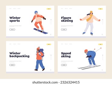 Set of landing page design template offering extreme winter recreation and outdoor entertainment