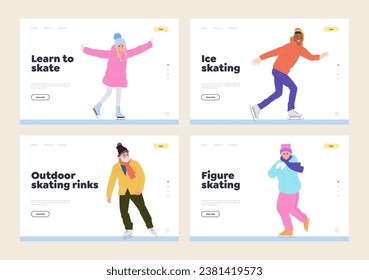Set of landing page design template with happy adult people and children enjoying ice skating