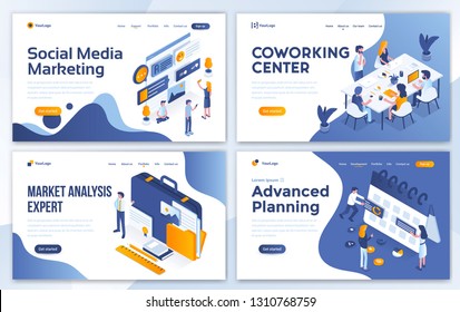 Set Of Landing Page Design Templates For Social Media Marketing, Coworking Center, Marketing Analysis Expert And Advanced Planning. Easy To Edit And Customize. Modern Vector Illustration Concepts