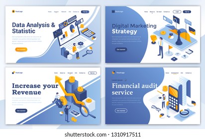 Set of Landing page design templates for Data Analysis, Digital Marketing Strategy, Incease your Revenue and Financial audit. Easy to edit and customize. Modern Vector illustration concepts 