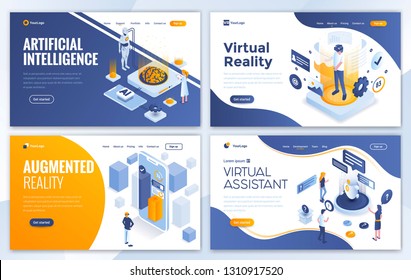 Set of Landing page design templates for Artificial Intelligence, Virtual Reality, Augmented Reality and Virtual Assistant. Easy to edit and customize. Modern Vector illustration concepts for websites