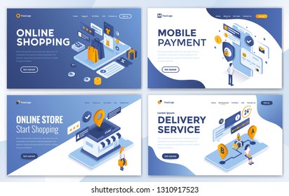 Set of Landing page design templates for Online Shopping, Mobile Payment, Online Store and Delivery Service. Easy to edit and customize. Modern Vector illustration concepts for websites