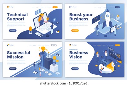 Set of Landing page design templates for Technical Support, Boost your Business, Successful Mission and Business Vision. Easy to edit and customize. Modern Vector illustration concepts for websites