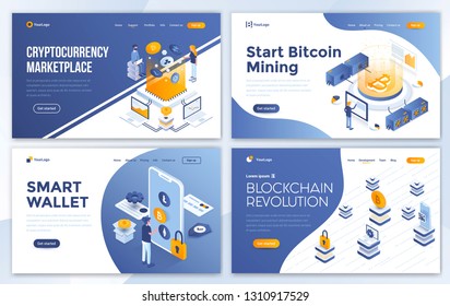 Set of Landing page design templates for Cryptocurrency marketplace, Bitcoin mining, Smart wallet and Blockchain revolution. Easy to edit and customize. Modern Vector illustration concepts