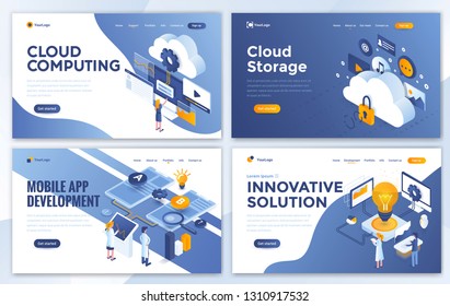 Set of Landing page design templates for Cloud Computing, Cloud Storage, Mobile app Development and Innovative Solution. Easy to edit and customize. Modern Vector illustration concepts for websites