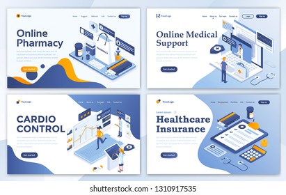 Set Of Landing Page Design Templates For Online Pharmacy, Online Medical Support, Cardio Control And Healthcare Insurance. Easy To Edit And Customize. Modern Vector Illustration Concepts For Websites