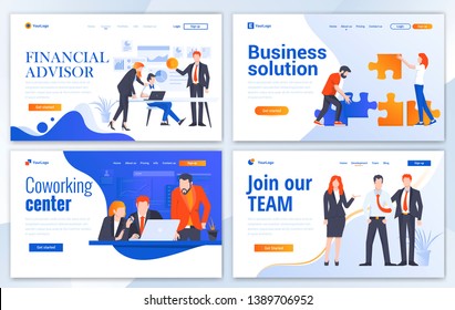 Set Of Landing Page Design Templates For Financial Advisor, Business Solution, Coworking And Join Our Team. Easy To Edit And Customize. Modern Vector Illustration Concepts For Websites