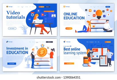 Set of Landing page design templates for Online Education, Video Tutorials, Investment in education and Best online learning system. Easy to edit and customize. Modern Vector illustration concepts