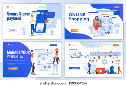 Set of Landing page design templates for Secure Payment, Online Shopping, Manage your workflow and Digital Marketing. Easy to edit and customize. Modern Vector illustration concepts for websites