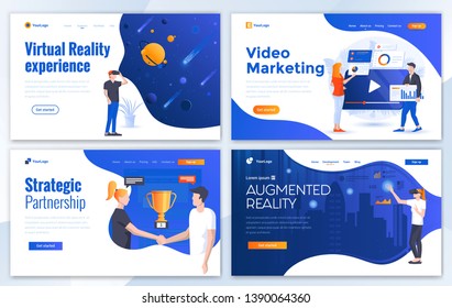 Set of Landing page design templates for Virtual reality, Augmented reality, Video marketing and Strategic artnership. Easy to edit and customize. Modern Vector illustration concepts for websites